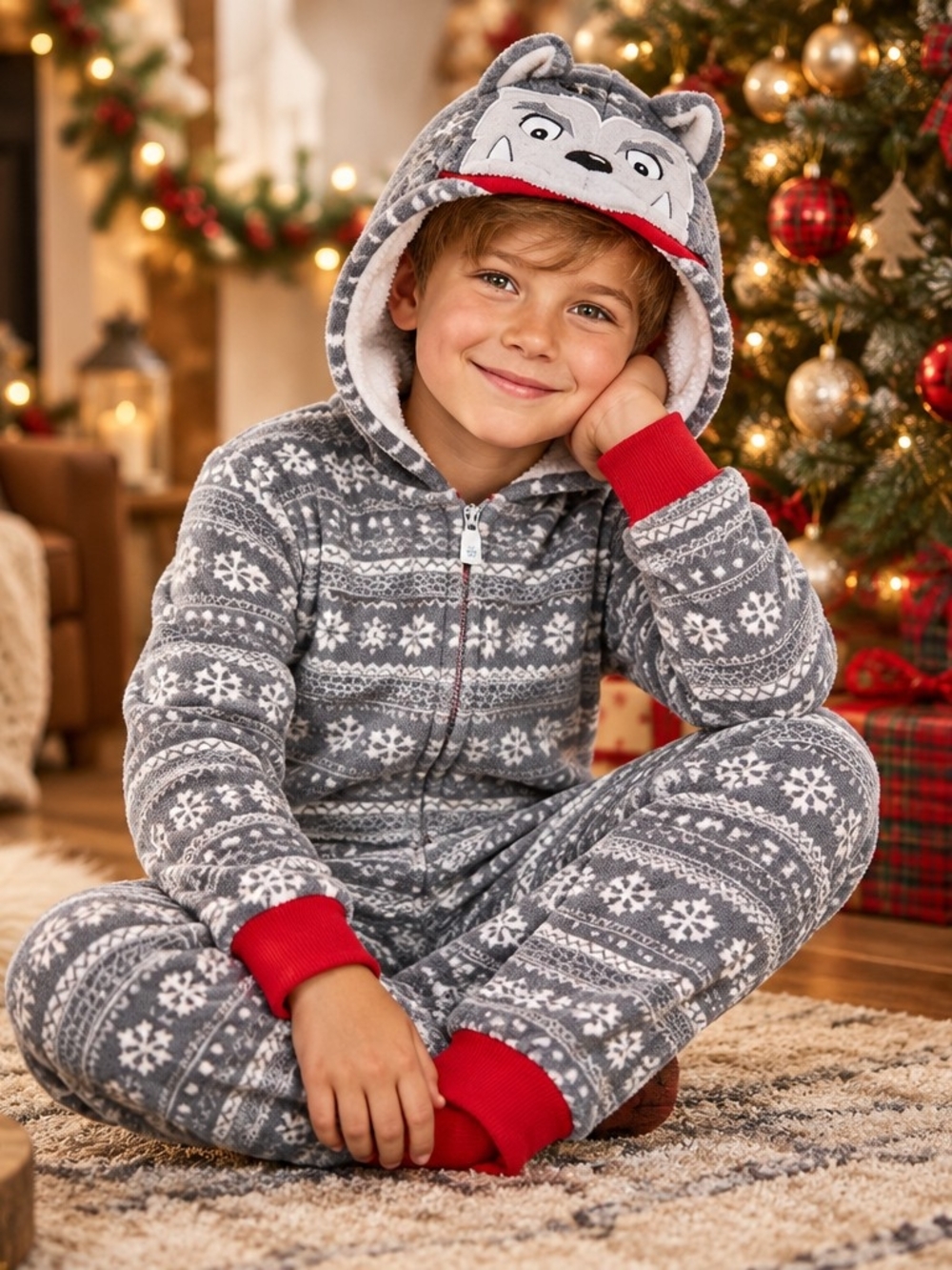 Kids' Gray Snowflake Hooded Onesie Pajama with Red Trim Sz Small